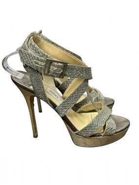Jimmy Choo Heels Vamp Gold Glitter Platform Strappy Sandals 38.5 Kate Middleton
